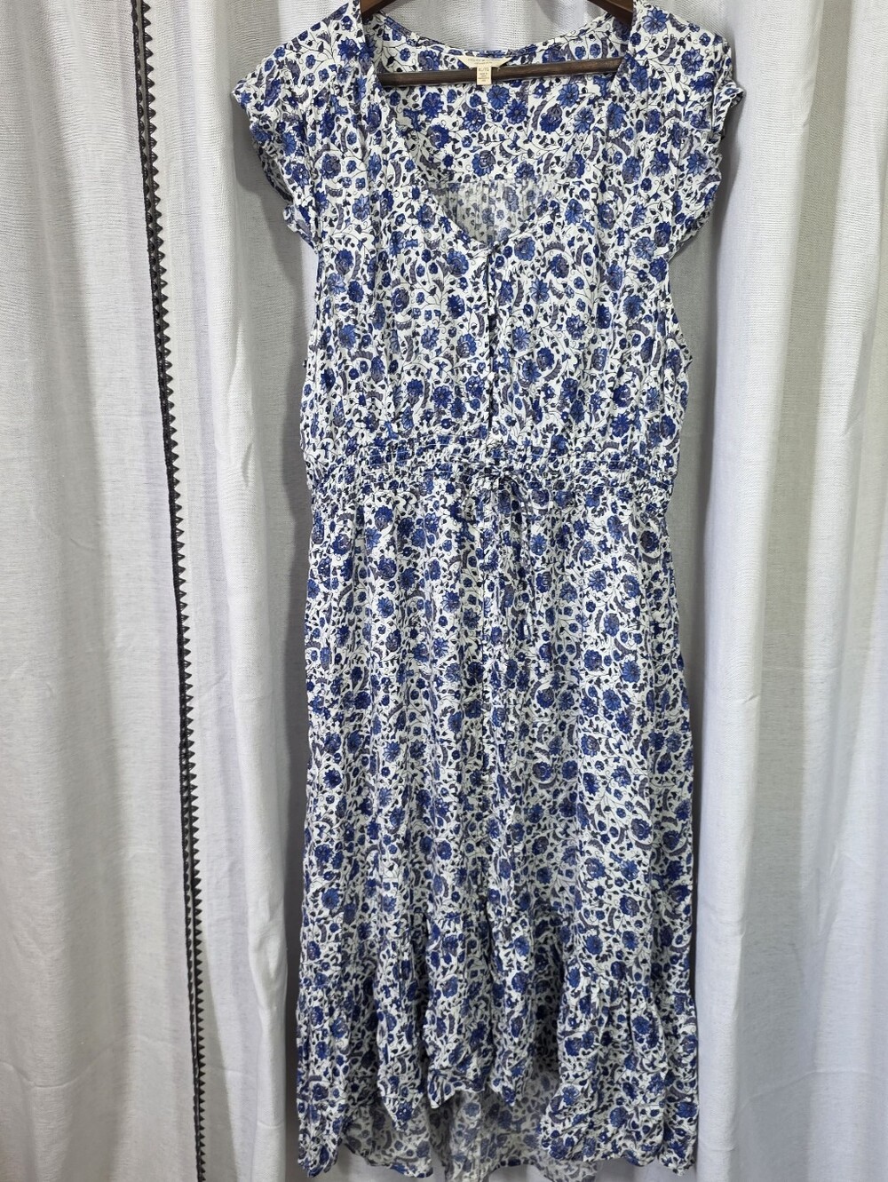 Lucky Brand White and Blue Floral Button-Front Midi Dress